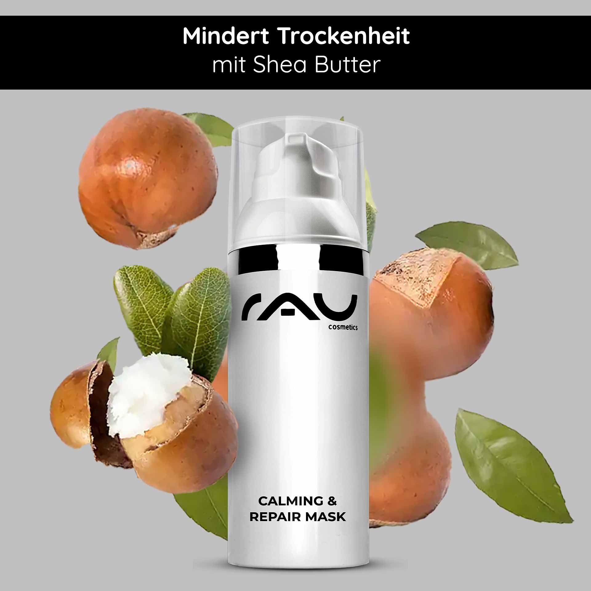 RAU Cosmetics Calming & Repair Mask mit Sheabutter, umgeben von Haselnüssen und Sheabutter, betont die Feuchtigkeitsversorgung und beruhigenden Eigenschaften trockener Haut.