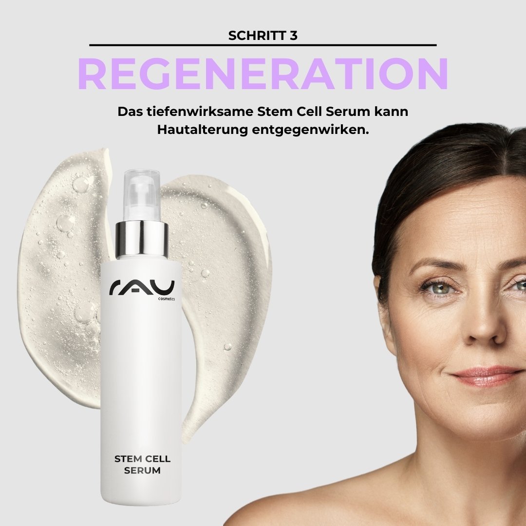 RAU Cosmetics Stem Cell Serum für Anti-Aging, speziell für Frauen mit reifer Haut, mit Schwerpunkt auf Regeneration und Hautpflegewirksamkeit.