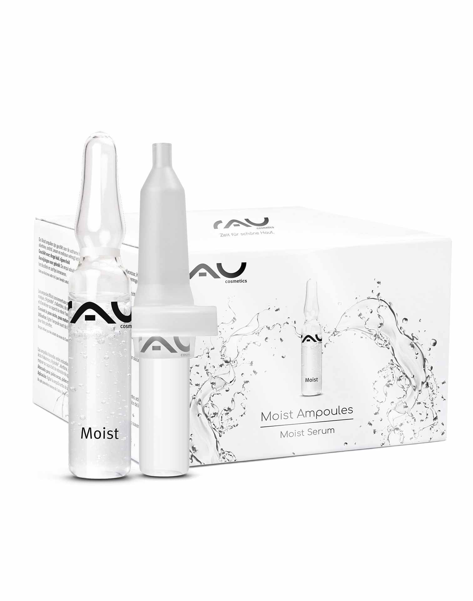 RAU Cosmetics Moist Ampullen-Verpackung mit einer durchsichtigen Ampulle und einem Applikator, mit feuchtigkeitsspendendem Serum für trockene und reife Haut.