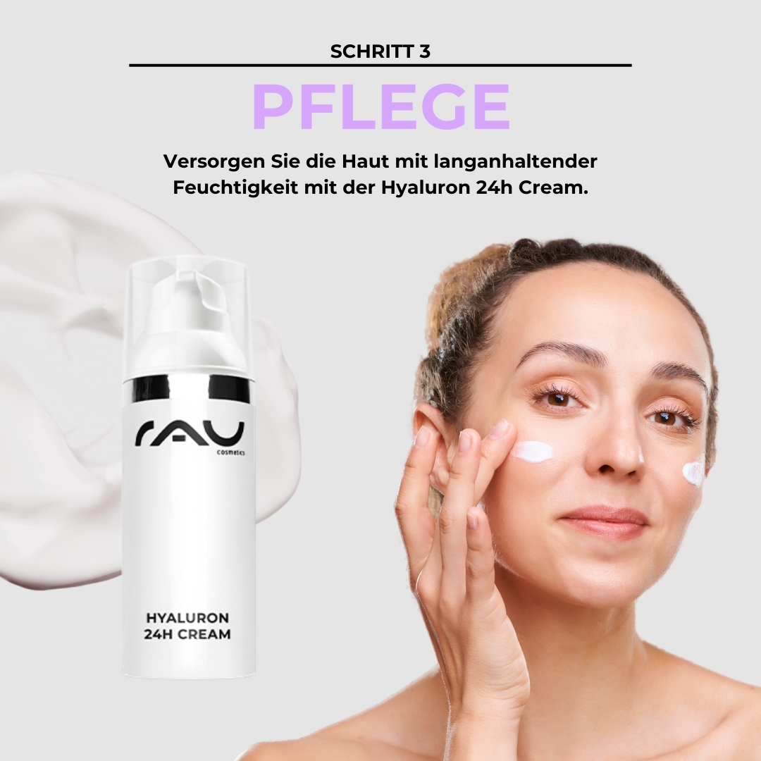 Basis Pflegeroutine für trockene Haut Frau mit Hyaluron 24H Cream von RAU Cosmetics, die Feuchtigkeitscreme auf ihr Gesicht aufträgt, Schritt 3 der Basis Pflegeroutine für trockene Haut.