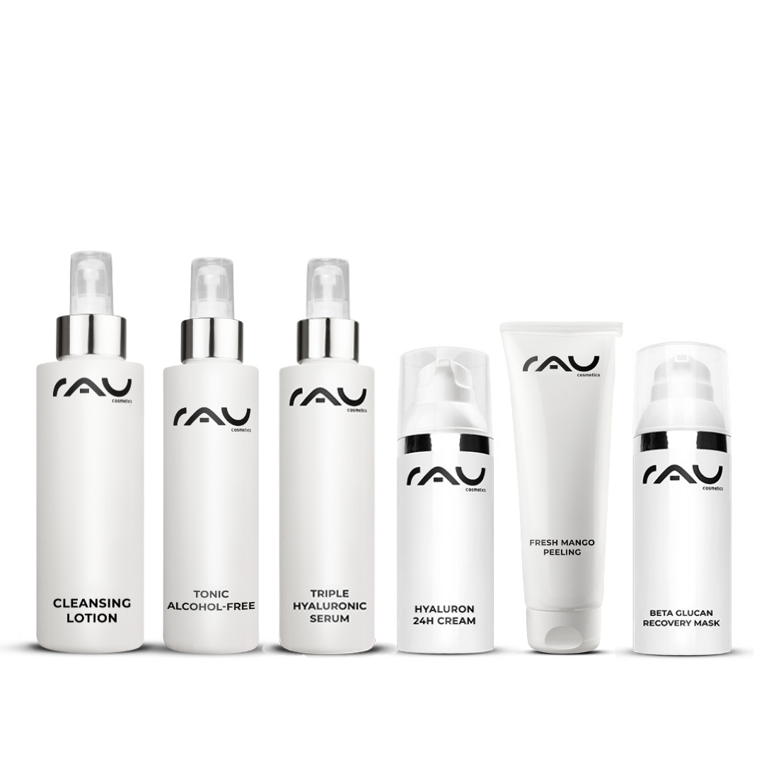 Profi Pflegeroutine für trockene Haut RAU Cosmetics Hautpflegeset mit Reinigungslotion, alkoholfreiem Tonic, dreifachem Hyaluronserum, Hyaluron 24H-Creme, Fresh Mango Peeling und Beta Glucan Recovery Mask, entwickelt für die Pflegeroutine trockener Haut.