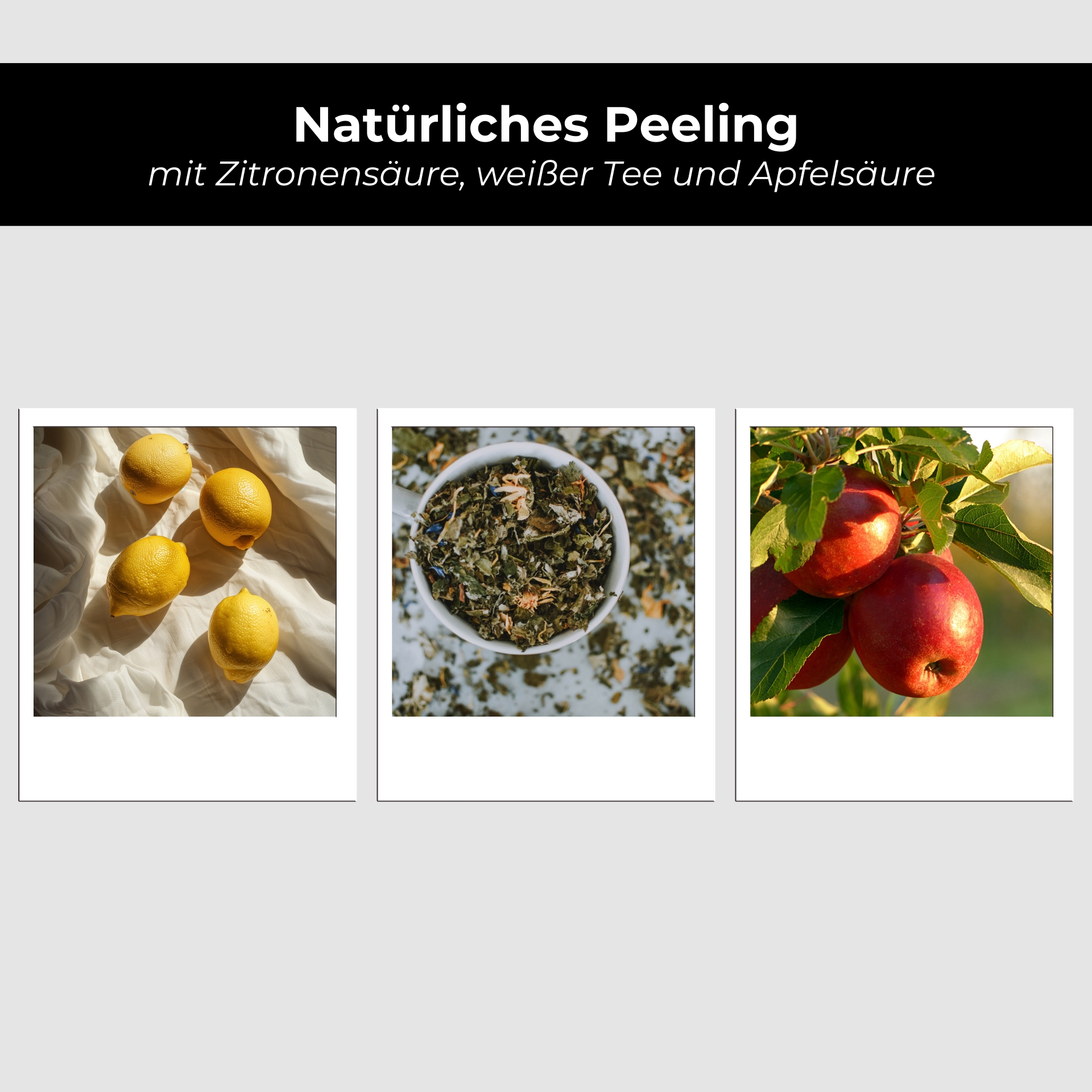 AHA Tonic 50 ml - Erfrischendes Tonic mit milden Fruchtsäuren Natürliche Peeling-Zutaten: frische Zitronen, Kräutermischung in Schüssel, rote Äpfel am Baum.