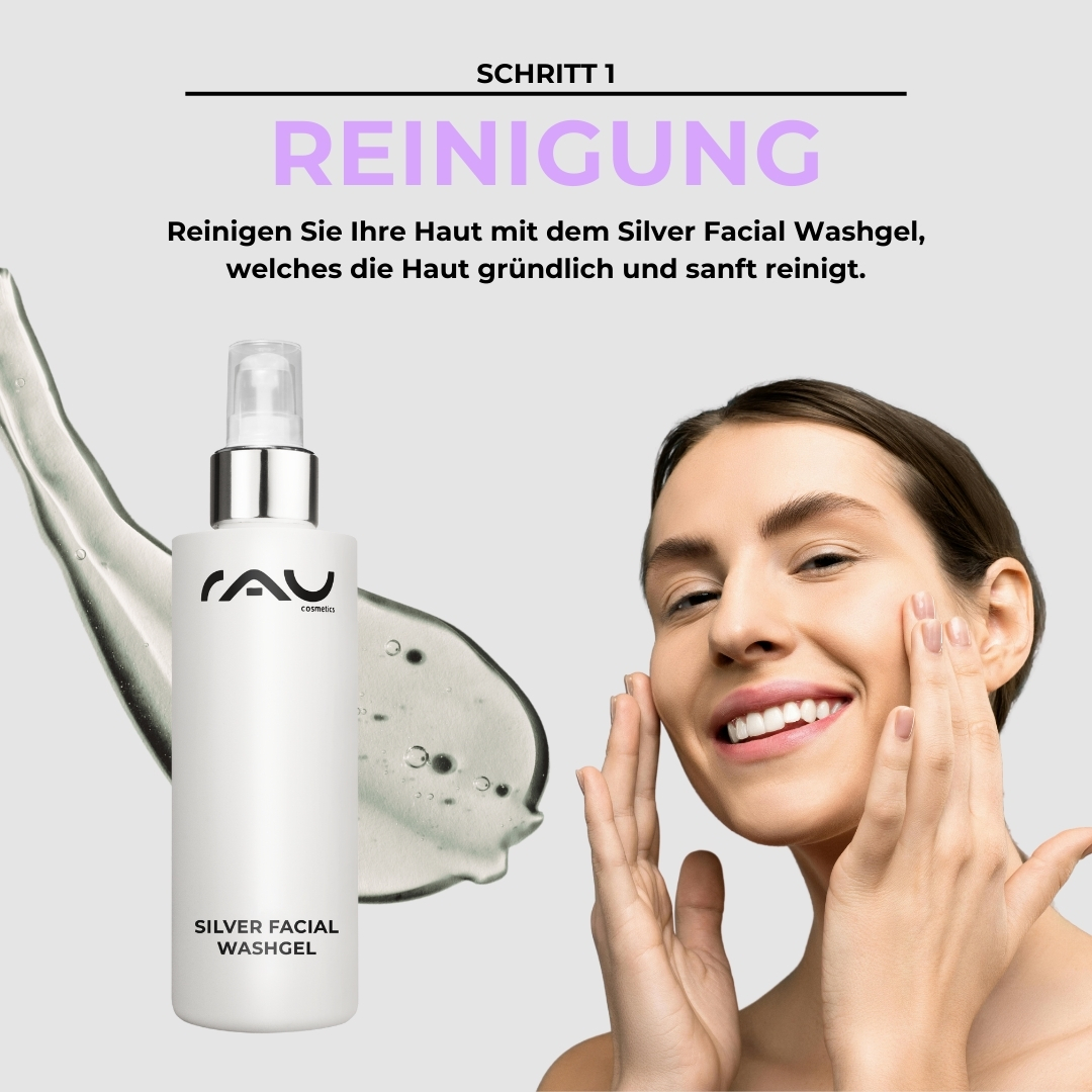 Profi Pflegeroutine bei Couperose Frau mit strahlendem Lächeln und sanfter Berührung des Gesichts, hält das RAU Cosmetics Silver Facial Washgel, umgeben von einem transparenten Reinigungsgel, Schritt 1 der Profi Pflegeroutine für Couperose.