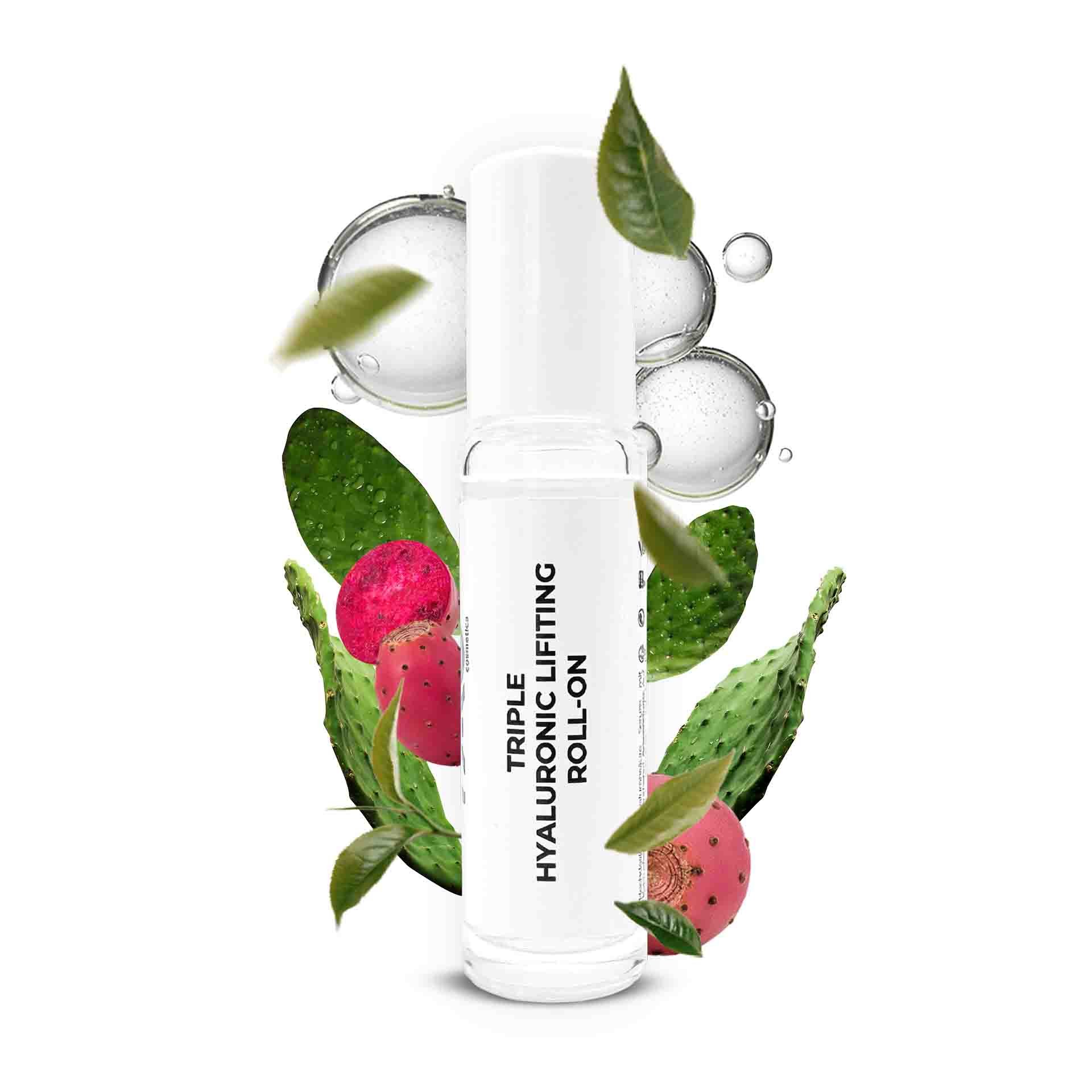 Dreifach-Hyaluron-Lifting-Roll-On-Serum mit Kaktusextrakt und drei Hyaluronsäurearten, umgeben von grünen Blättern und rosa Kaktusfrüchten, für tiefe Feuchtigkeitsversorgung und Anti-Aging-Vorteile.