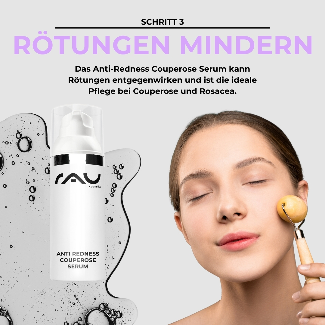 Profi Pflegeroutine bei Couperose Anti-Redness Couperose Serum von RAU Cosmetics, Frau verwendet Gesichtsroller, Fokus auf Hautpflege bei Couperose und Rosazea, Schritt 3 der professionellen Hautpflegeroutine.