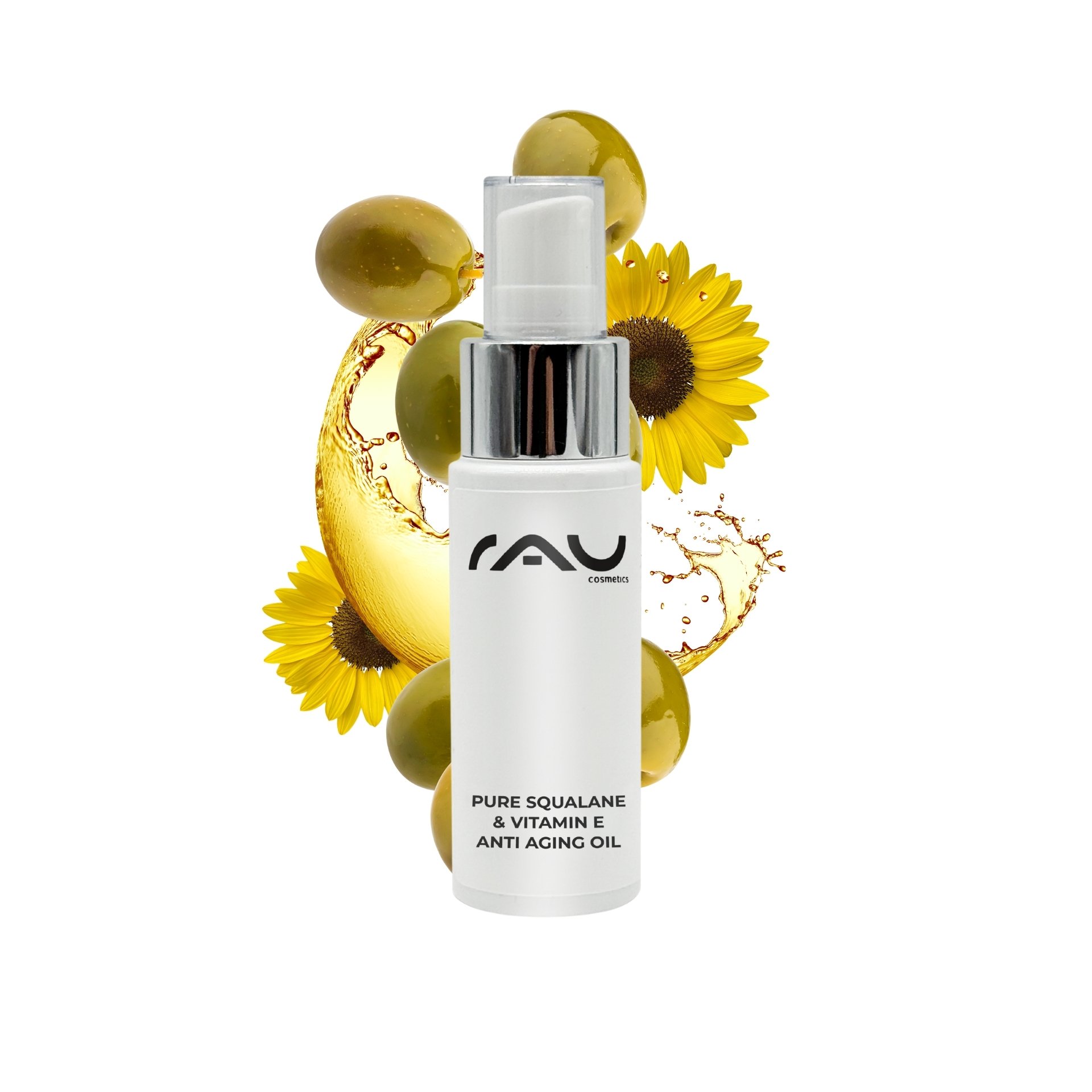 Flasche mit RAU Pure Squalane & Vitamin E Anti-Aging Öl vor einem Hintergrund aus Sonnenblumen und Oliven, betont die feuchtigkeitsspendenden und antioxidativen Eigenschaften des Produkts für trockene und reife Haut.