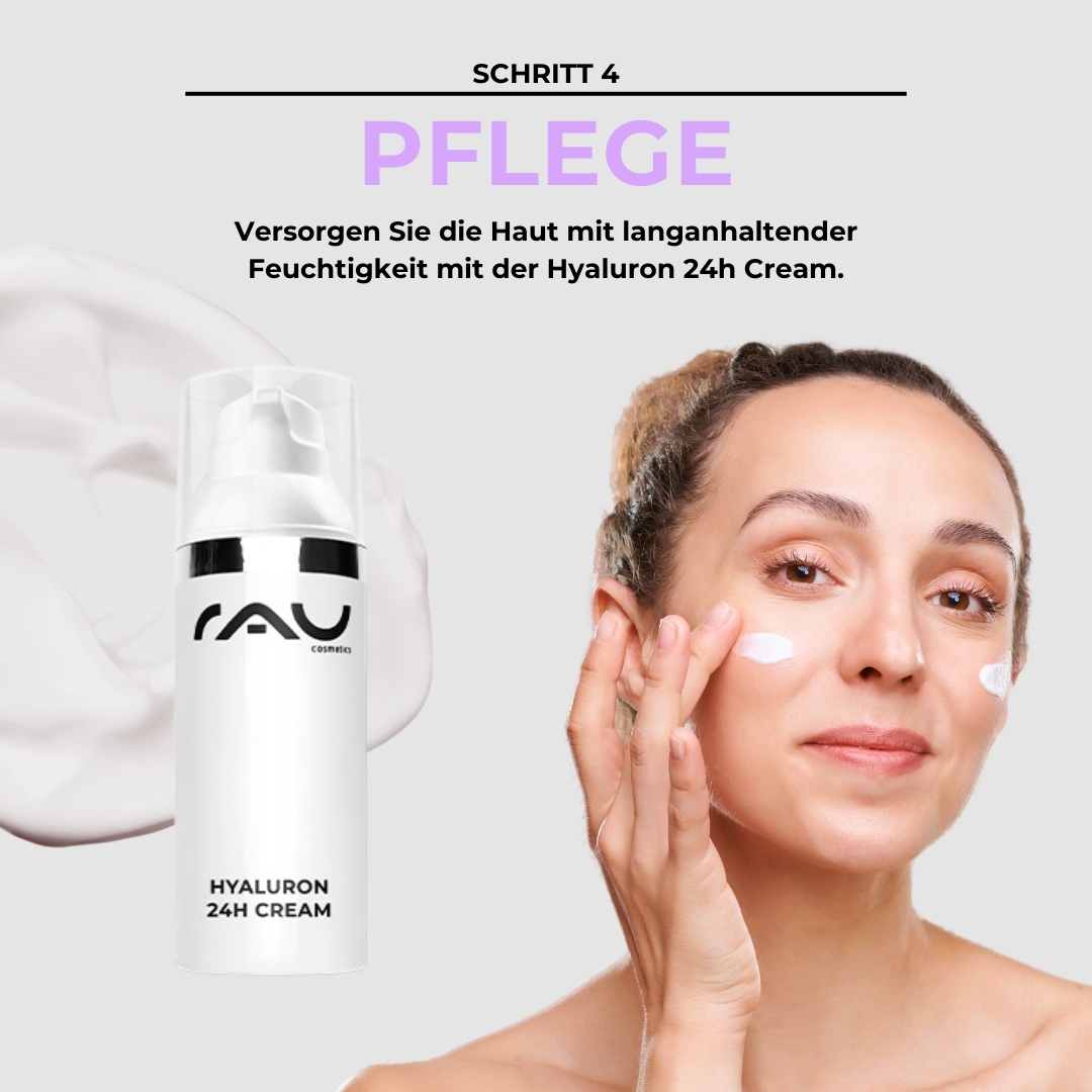 Profi Pflegeroutine für trockene Haut RAU Cosmetics Profi-Pflegeroutine für trockene Haut – Schritt 4: Feuchtigkeitscreme mit 24 h Wirkung für intensive Pflege und Regeneration.