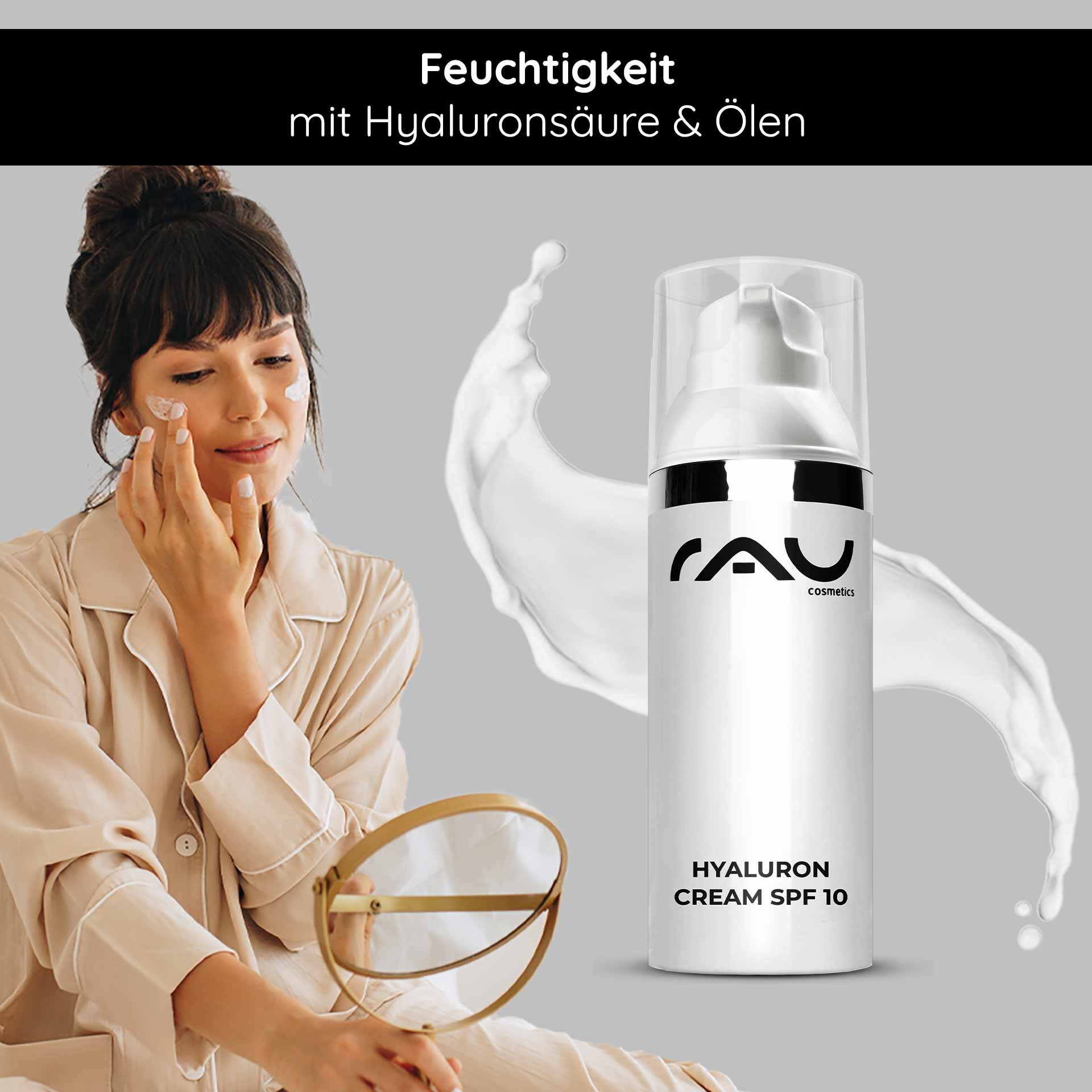 Hyaluron Cream SPF10 50 ml Gesichtscreme mit UV-Schutz für trockene Haut Frau mit Hyaluron Creme SPF 10 auf Gesicht, Anwendung von Feuchtigkeitscreme mit Hyaluronsäure und Ölen, RAU Cosmetics, Hautpflege für trockene Haut.