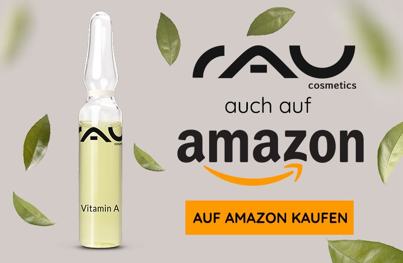 RAU Cosmetics Vitamin A Ampulle im Klarglas mit gelber Flüssigkeit und grünen Blättern für reife Haut.