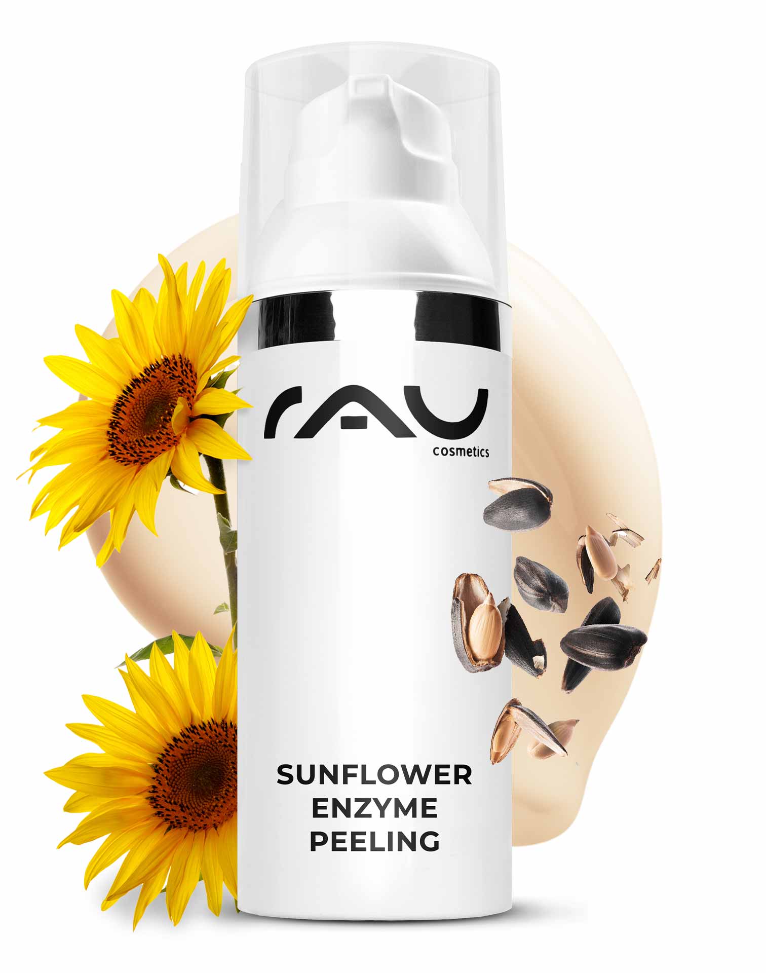 Sunflower Enzyme Peeling 50 ml Chemisches Enzymepeeling Verpackung des Sonnenblumen-Enzym-Peelings mit Sonnenblumenblüten, die den Produktnamen hervorheben und die Vorteile des enzymatischen Peelings für empfindliche Haut hervorheben.