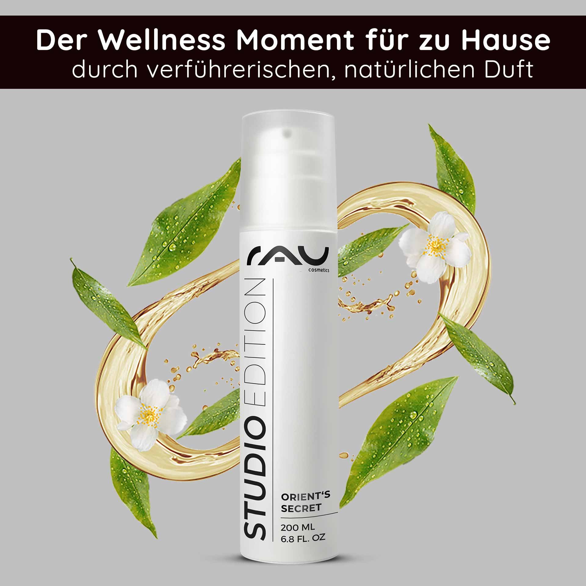 Gesichtscreme Orient's Secret von RAU Cosmetics in 200 ml, umgeben von natürlichen Zutaten wie Blüten und Blättern, betont die pflegenden Eigenschaften und den frischen Duft.