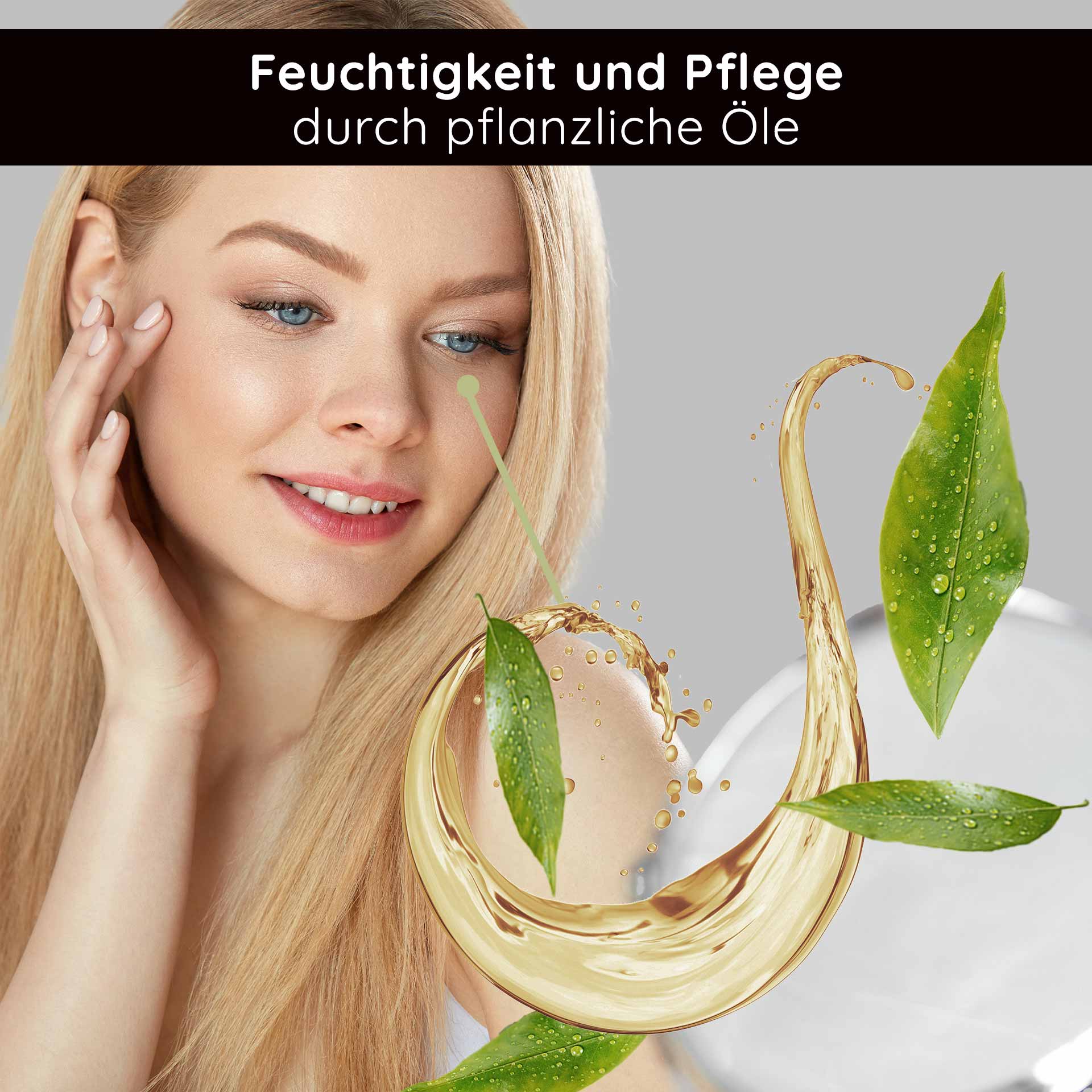 Hyaluron Moisturizing Eye Fluid 15 ml Feuchtigkeitsgel ideal bei trockener Haut Frau mit blonden Haaren, die sanft ihre Haut berührt, umgeben von pflanzlichen Ölen und Blättern, symbolisiert Feuchtigkeit und Pflege für die Augenpartie, passend zur RAU Cosmetics Hyaluron Moisturizing Eye Fluid Produktbeschreibung.