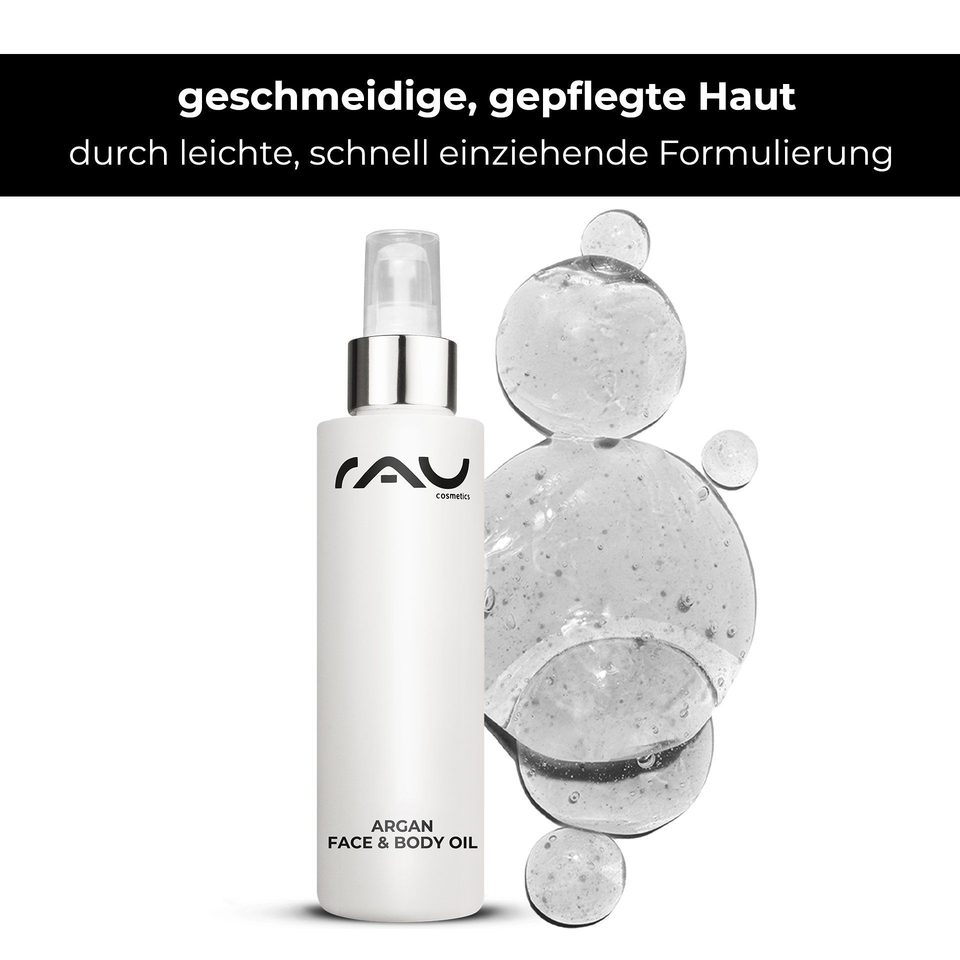 RAU Arganoel Pflegeoel Produktdetail mit Pipette und goldener Fluessigkeit