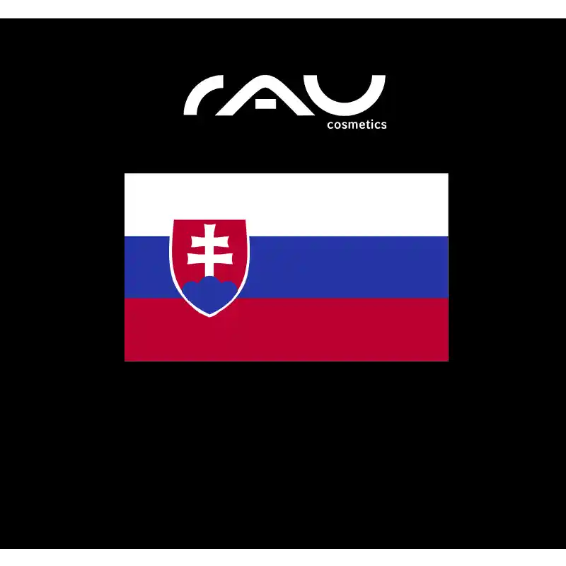 RAU_Cosmetics-Slowakai Das RAU Cosmetics-Logo über der slowakischen Flagge steht für die internationale Verfügbarkeit von RAU-Produkten.