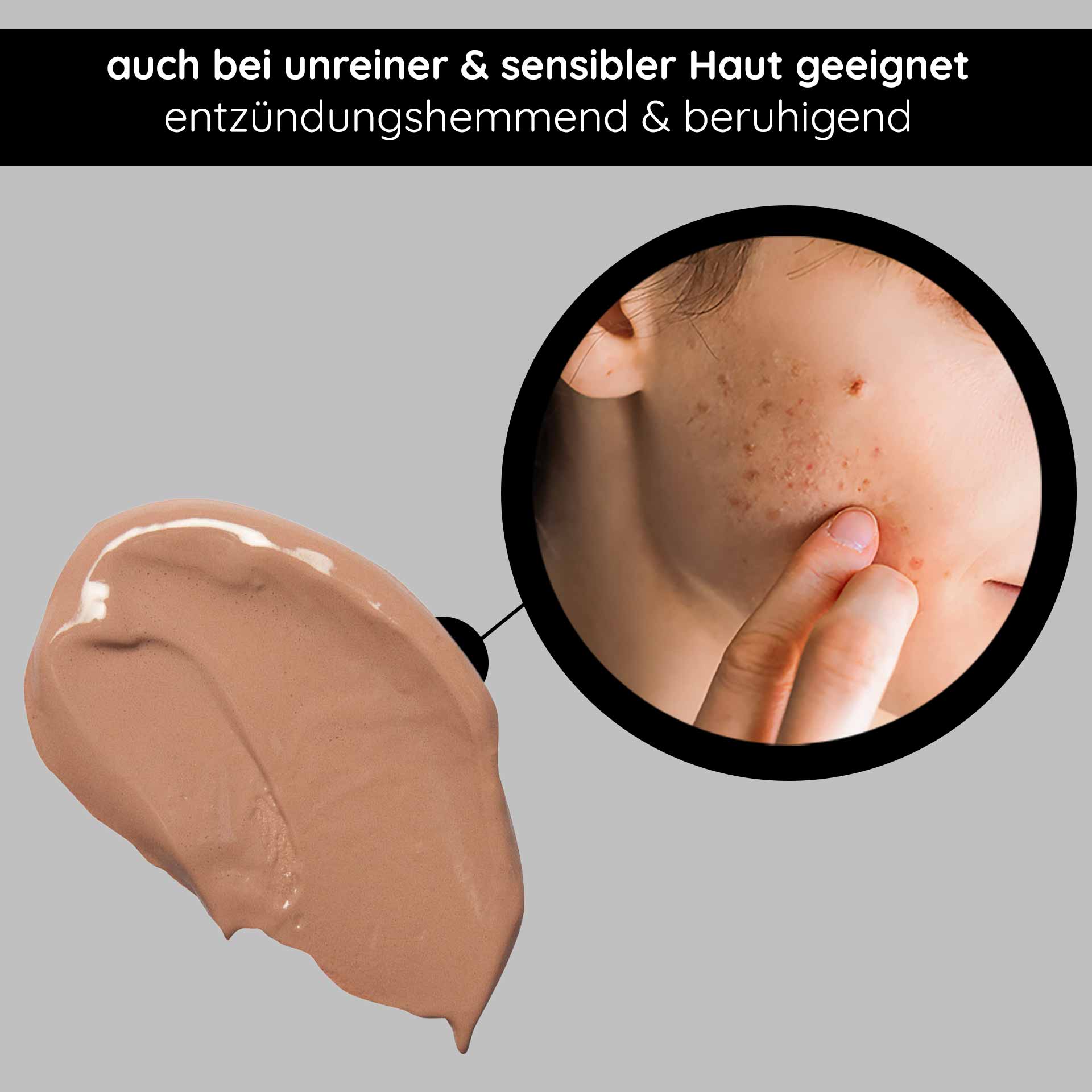 BB Cream Perfect Care Bronze 75 ml LSF12 Make-up & Pflege BB Cream Perfect Care im Farbton Bronze, geeignet für unreine und empfindliche Haut, mit beruhigender und entzündungshemmender Wirkung; Texturmuster mit Nahaufnahme der Hautanwendung.