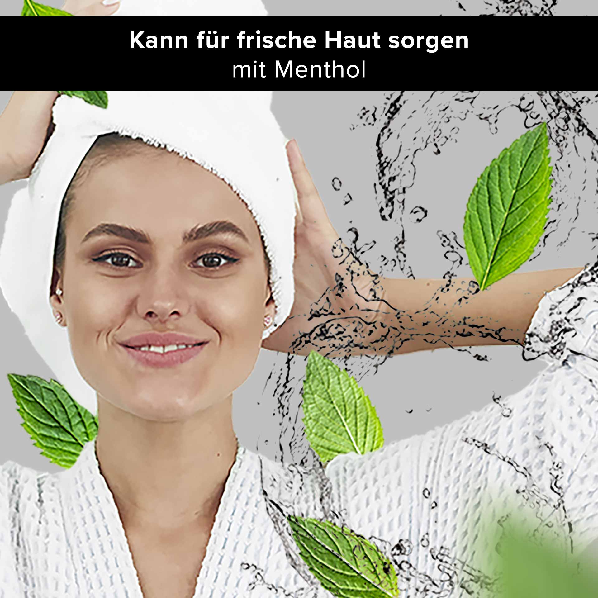 Mattifying Ampullen 10x2 ml Mattierend mit wilder Pistazie Frau mit einem Handtuch auf dem Kopf, lächelnd und umgeben von frischen Minzblättern und Wassertröpfchen, symbolisiert erfrischende Hautpflege mit Menthol von RAU Cosmetics.