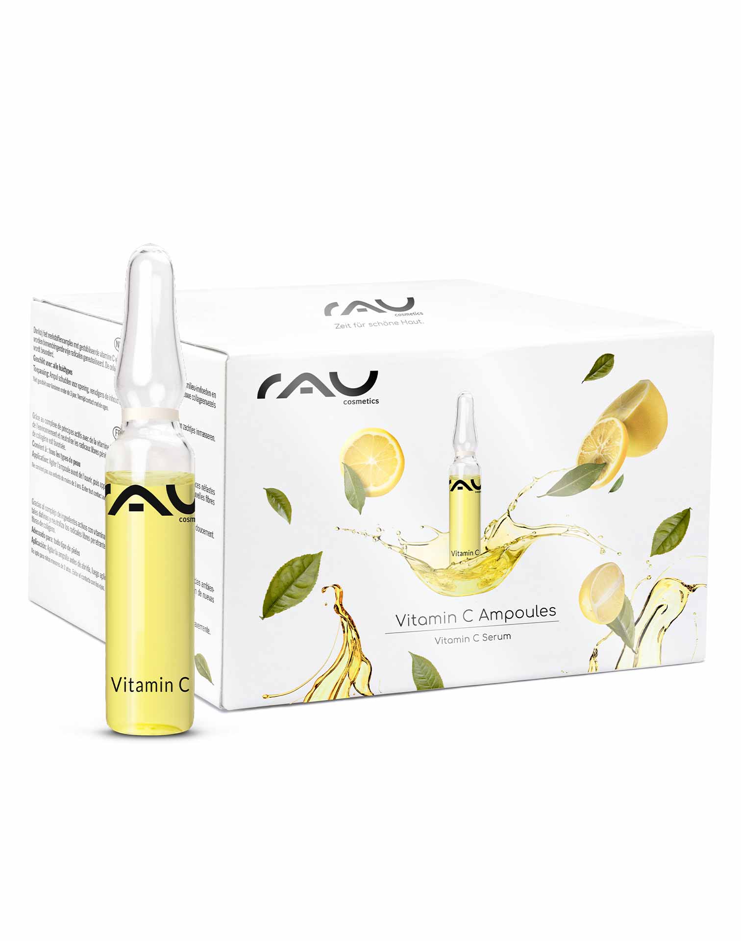 Vitamin C Ampullen 14x2 ml für reife & unreine Haut RAU Cosmetics Vitamin C Ampullen Set, 14 x 2 ml, mit gelbem Serumfläschchen und Verpackung mit Zitronen- und Blattgrafiken, fördert den Hautschutz und die Regeneration.