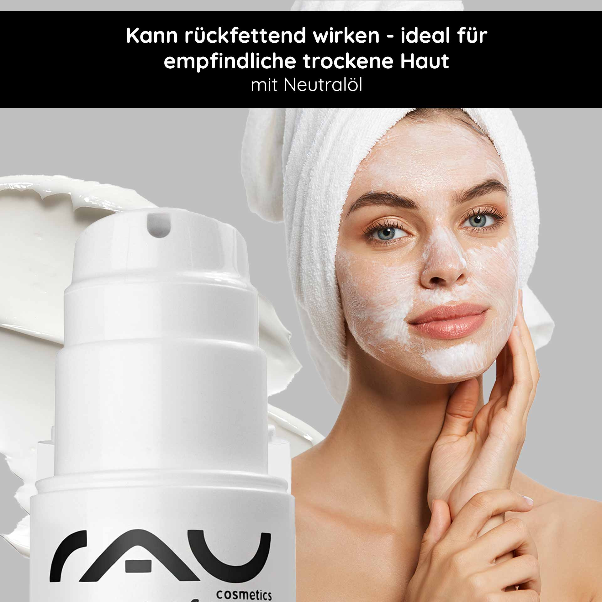 Beta Glucan Recovery Mask 200 ml Maske für irritierte Haut RAU Cosmetics Beta Glucan Recovery Mask mit Modell, das eine beruhigende Maske für empfindliche, gereizte Haut aufträgt, mit Schwerpunkt auf Feuchtigkeitsversorgung und Unterstützung der Hautbarriere.