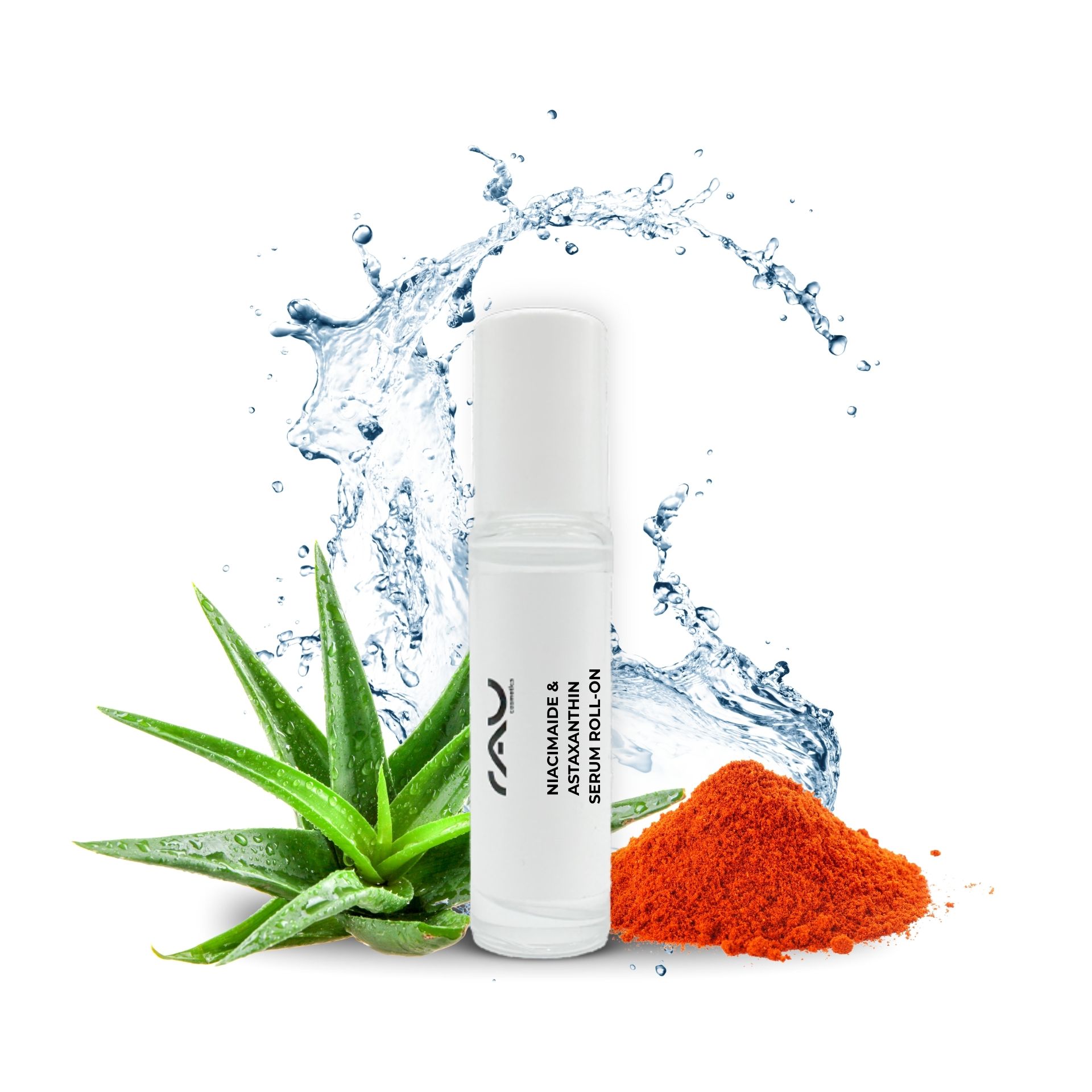 Niacinamide & Astaxanthin Serum Roll-On 10 ml RAU Cosmetics Niacinamide & Astaxanthin Serum Roll-On, umgeben von Aloe-Vera-Blättern, Astaxanthin-Pulver und Wasserspritzern, betont die Vorteile der Feuchtigkeitsversorgung und Hautverjüngung.