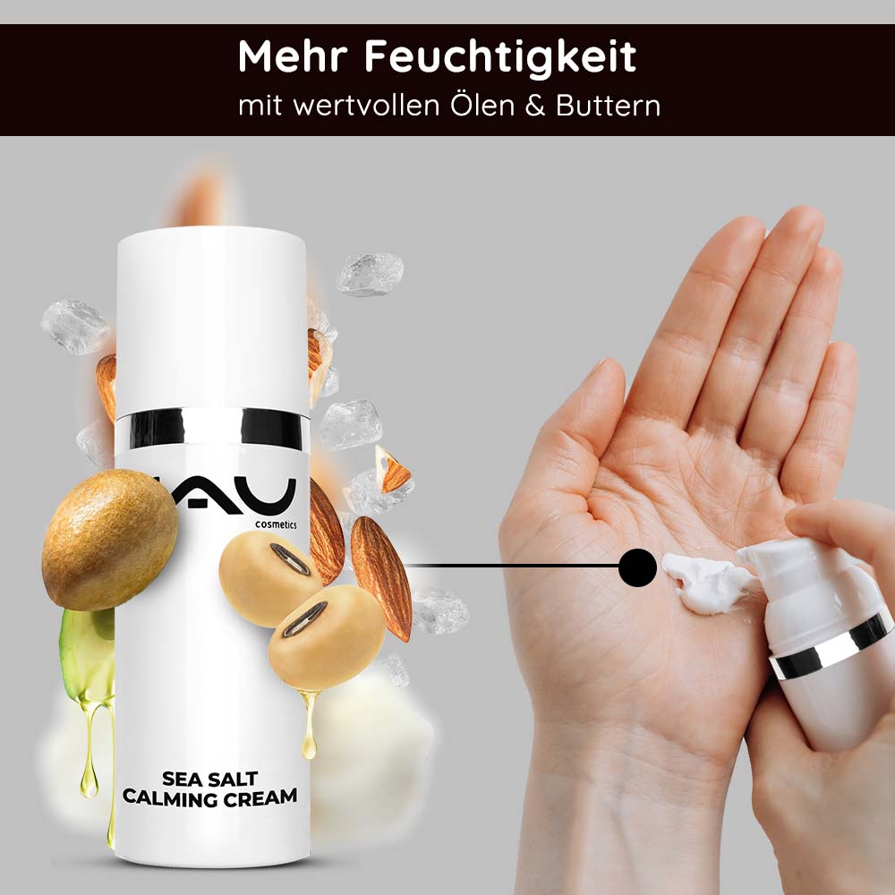 Sea Salt Calming Cream 50 ml Gesichtscreme mit Meersalz bei unreiner Haut Flasche „Sea Salt Calming Cream“ von RAU Cosmetics mit feuchtigkeitsspendenden Inhaltsstoffen, auf die Hand aufgetragen, mit natürlichen Ölen und Buttern zur Linderung von Hautirritationen.