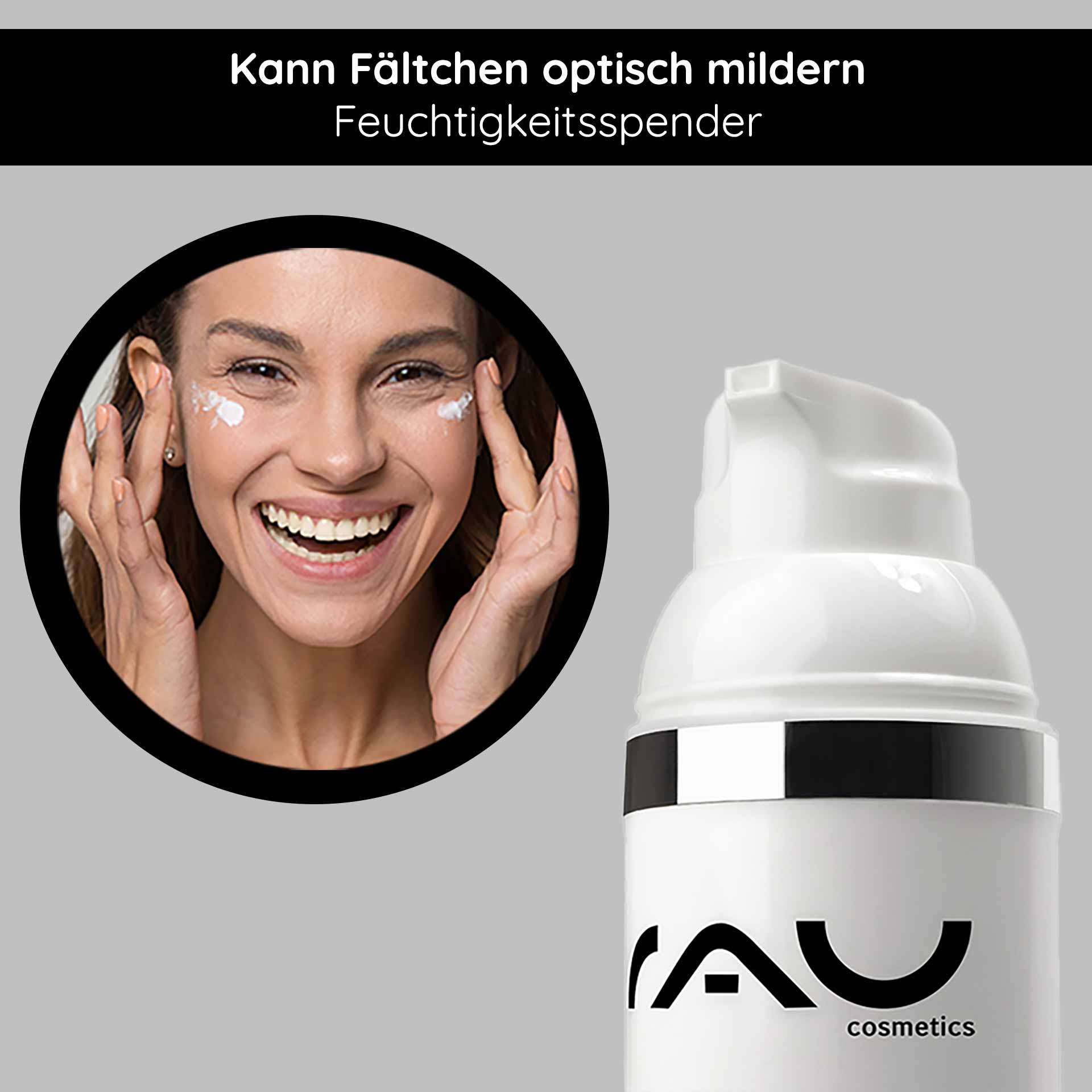 Hyaluron Cream SPF10 50 ml Gesichtscreme mit UV-Schutz für trockene Haut Lächelnde Frau mit Gesichtscreme auf den Wangen, RAU Cosmetics Hyaluron Creme im Vordergrund, betont Feuchtigkeitsspendende Eigenschaften und Faltenreduzierung.